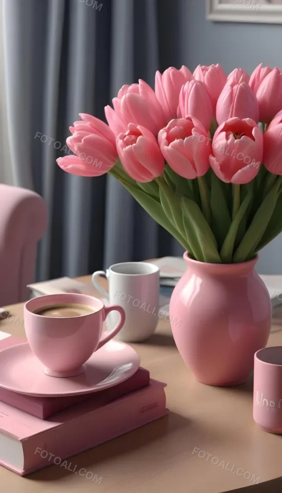 A Pink Vase With Pink Tulips A Cup Of Coffee With Milk And Some Books On A Table In A Living Room 22 F74c