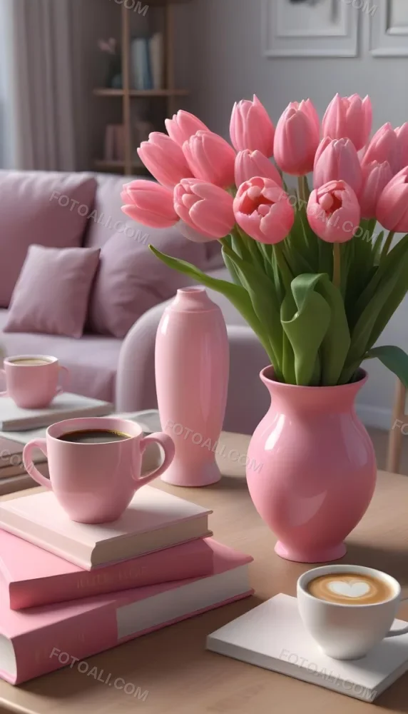 A Pink Vase With Pink Tulips A Cup Of Coffee With Milk And Some Books On A Table In A Living Room 28 679b