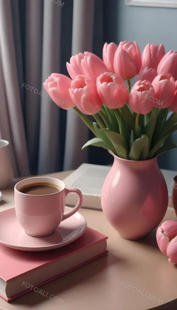A Pink Vase With Pink Tulips A Cup Of Coffee With Milk And Some Books On A Table In A Living Room 29 92f3