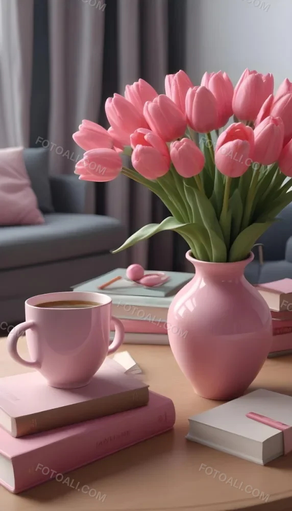A Pink Vase With Pink Tulips A Cup Of Coffee With Milk And Some Books On A Table In A Living Room 30 0a58