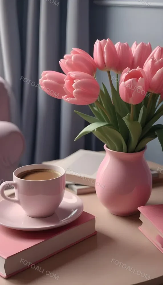 A Pink Vase With Pink Tulips A Cup Of Coffee With Milk And Some Books On A Table In A Living Room 32 A4b6