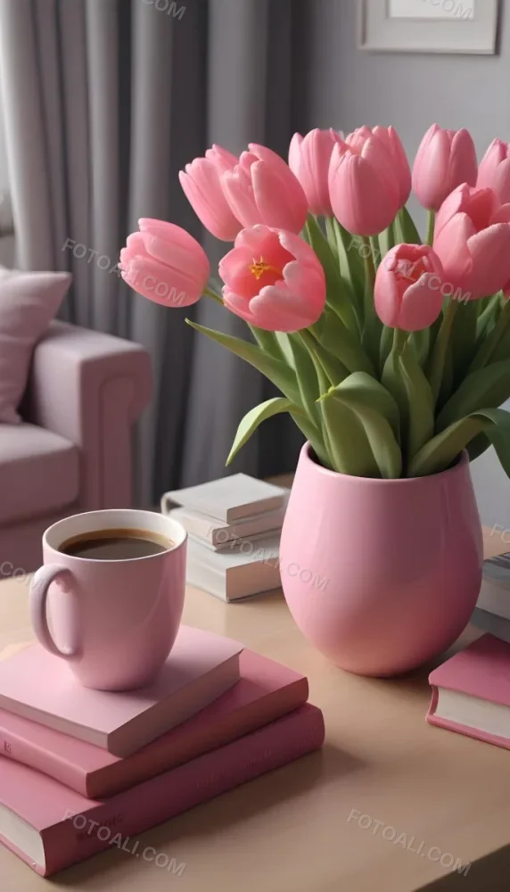 A Pink Vase With Pink Tulips A Cup Of Coffee With Milk And Some Books On A Table In A Living Room 6 6d04