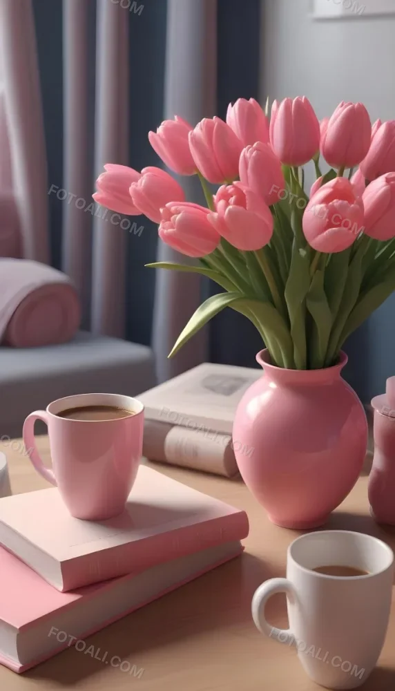 A Pink Vase With Pink Tulips A Cup Of Coffee With Milk And Some Books On A Table In A Living Room 7 640c