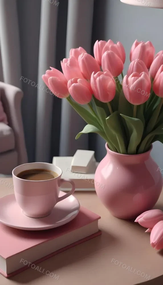 A Pink Vase With Pink Tulips A Cup Of Coffee With Milk And Some Books On A Table In A Living Room 8 Ed75