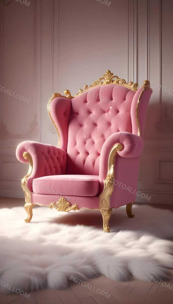 A Pink Velvet Armchair With Golden Details On A White Fur Rug In A White Room With A Spotlight On The Chair 11 1208 1aff