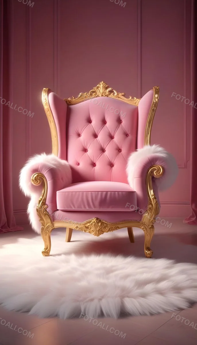 A Pink Velvet Armchair With Golden Details On A White Fur Rug In A White Room With A Spotlight On The Chair 32 7520 67b3