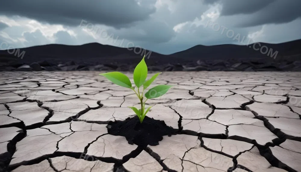 A Plant With One Green Leaf And One Black Leaf On A Cracked Earth Green Hill And Cloudy Sky 50 3ca4