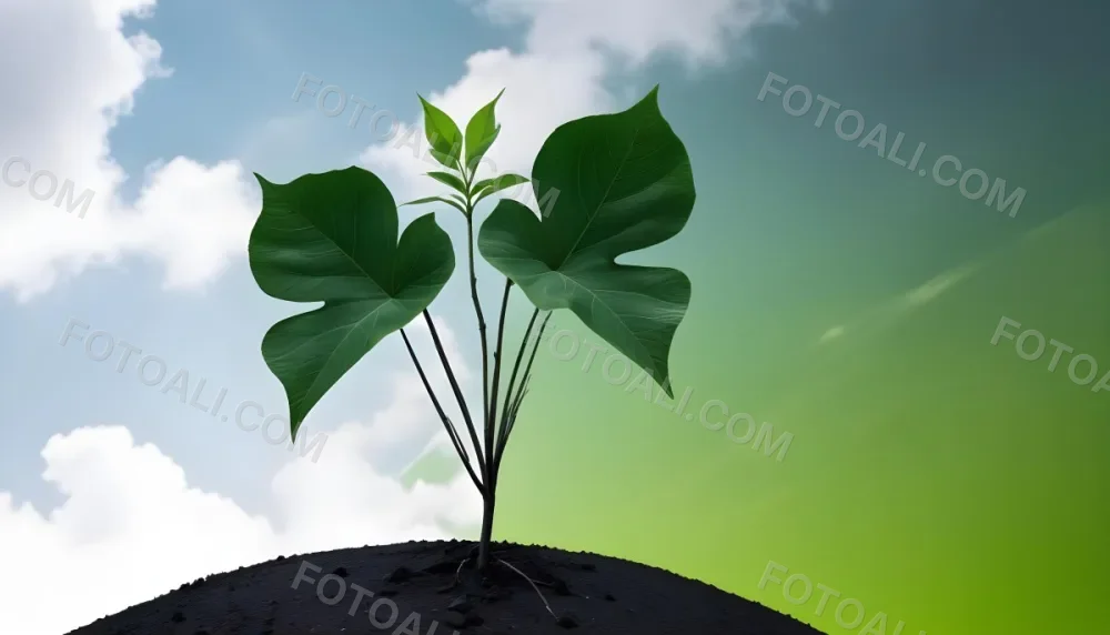A Plant With One Green Leaf And One Black Leaf On A Cracked Earth Green Hill And Cloudy Sky 51 33a4