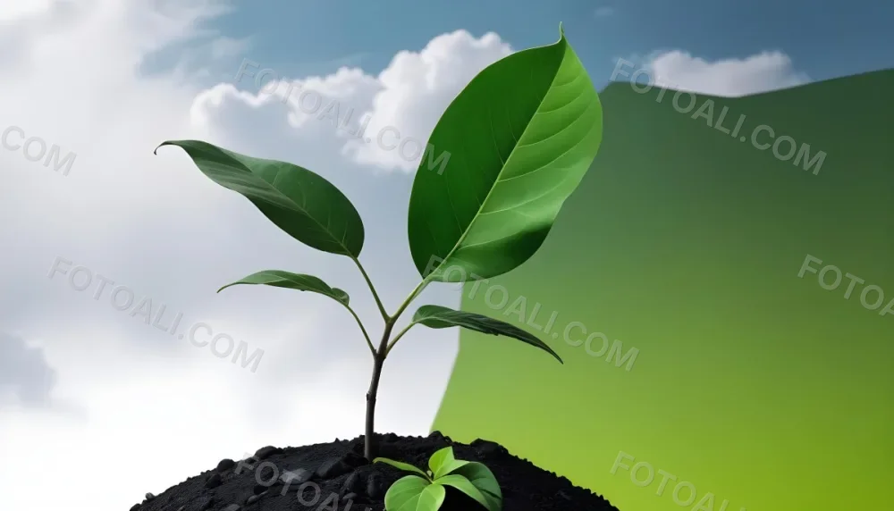 A Plant With One Green Leaf And One Black Leaf On A Cracked Earth Green Hill And Cloudy Sky 54 7658