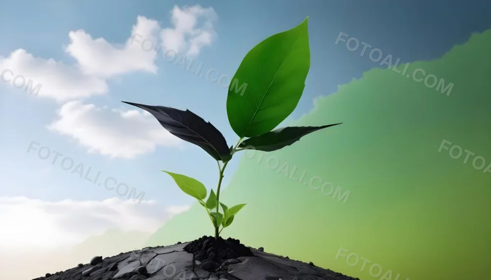 A Plant With One Green Leaf And One Black Leaf On A Cracked Earth Green Hill And Cloudy Sky 56 7592