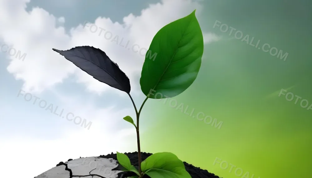 A Plant With One Green Leaf And One Black Leaf On A Cracked Earth Green Hill And Cloudy Sky 60 6f11
