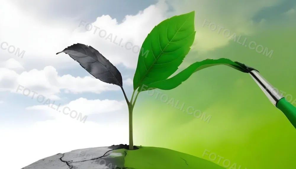 A Plant With One Green Leaf And One Black Leaf On A Cracked Earth Green Hill And Cloudy Sky 61 C2b1