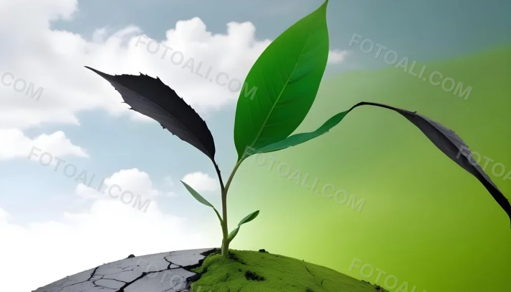 A Plant With One Green Leaf And One Black Leaf On A Cracked Earth Green Hill And Cloudy Sky 62 7120