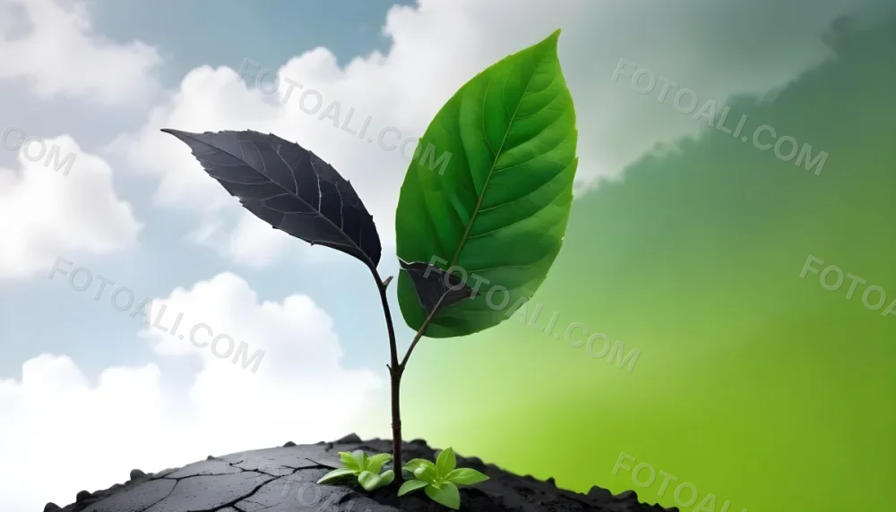 A Plant With One Green Leaf And One Black Leaf On A Cracked Earth Green Hill And Cloudy Sky 66 E1a0