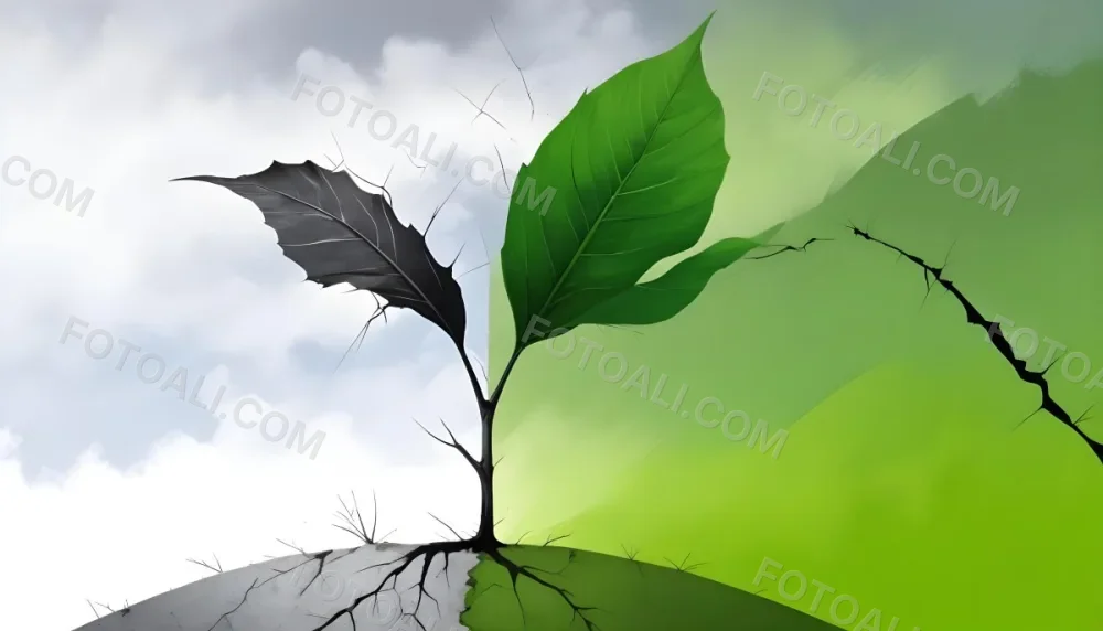 A Plant With One Green Leaf And One Black Leaf On A Cracked Earth Green Hill And Cloudy Sky 72 326c
