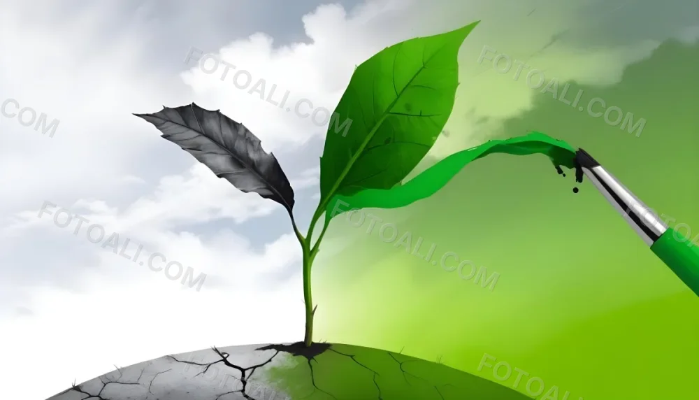 A Plant With One Green Leaf And One Black Leaf On A Cracked Earth Green Hill And Cloudy Sky 86 4803