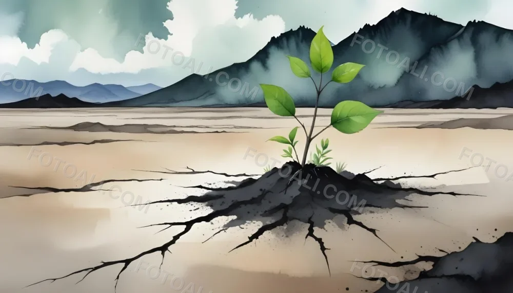 A Plant With One Green Leaf And One Black Leaf On A Cracked Earth Green Hill And Cloudy Sky 9 48a0