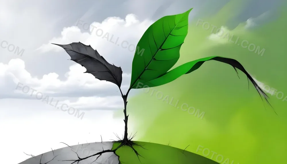 A Plant With One Green Leaf And One Black Leaf On A Cracked Earth Green Hill And Cloudy Sky 90 9c8b