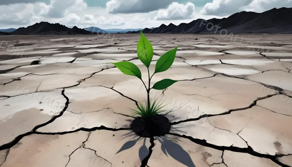 A Plant With One Green Leaf And One Black Leaf On A Cracked Earth Green Hill And Cloudy Sky 95 Bee3