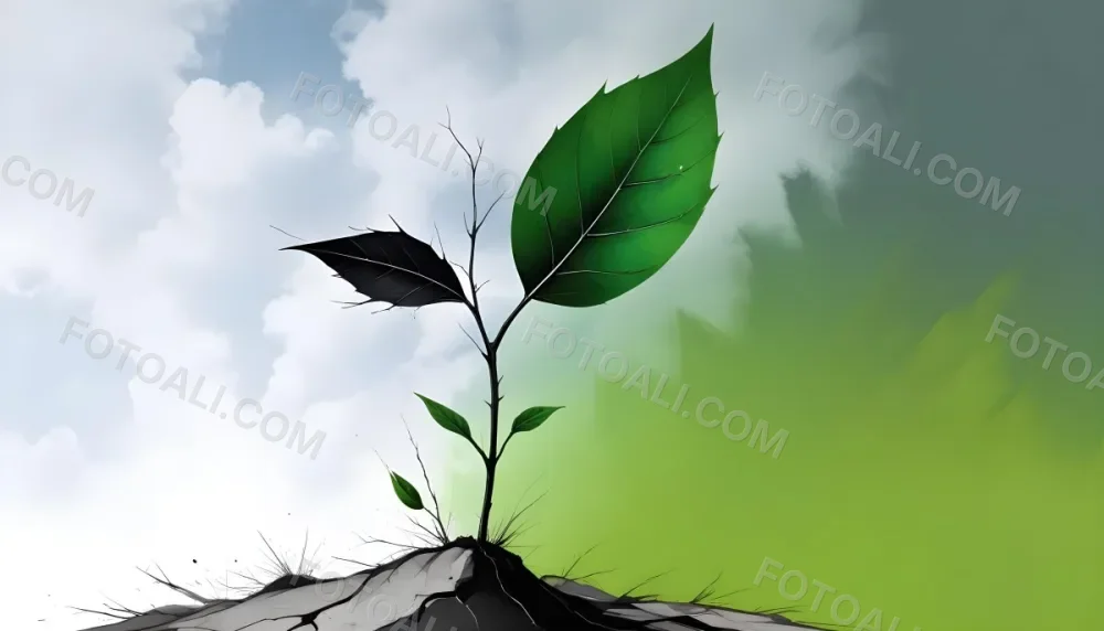 A Plant With One Green Leaf And One Black Leaf On A Cracked Earth Green Hill And Cloudy Sky 97 A37c