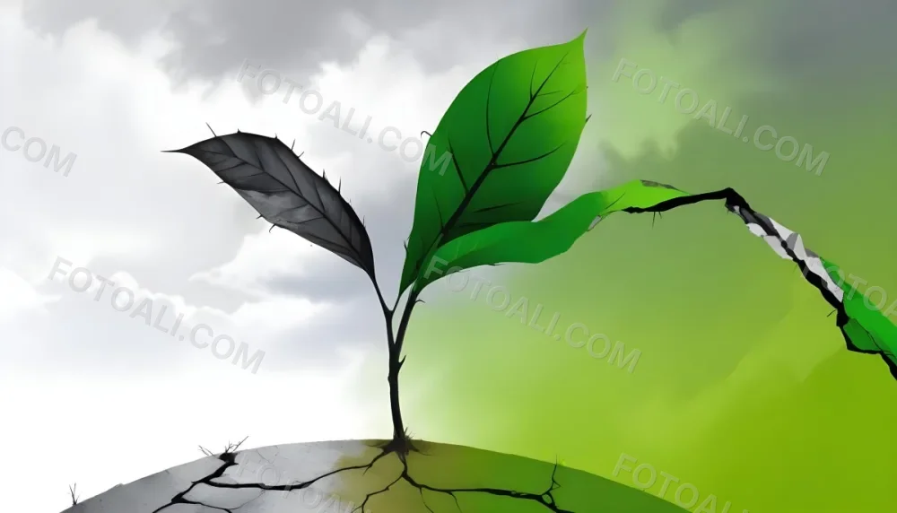 A Plant With One Green Leaf And One Black Leaf On A Cracked Earth Green Hill And Cloudy Sky 98 5529