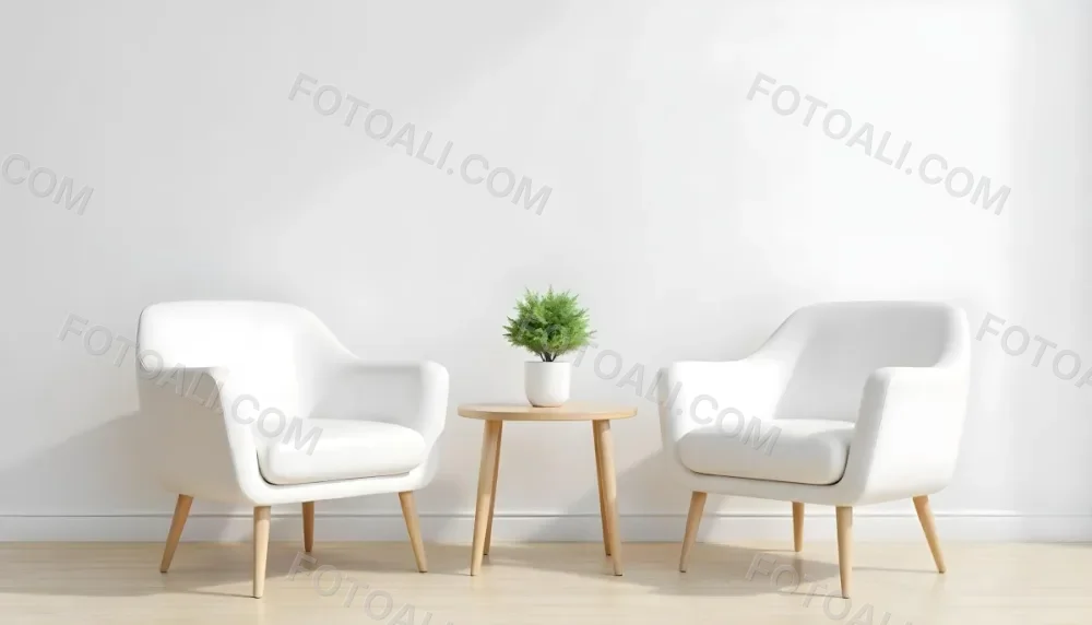 A Potted Green Plant On A Wooden Side Table Between Two White Chairs In A Minimalist Interior Setting 2 Fcdc