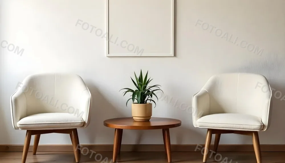 A Potted Green Plant On A Wooden Side Table Between Two White Chairs In A Minimalist Interior Setting 5 3158
