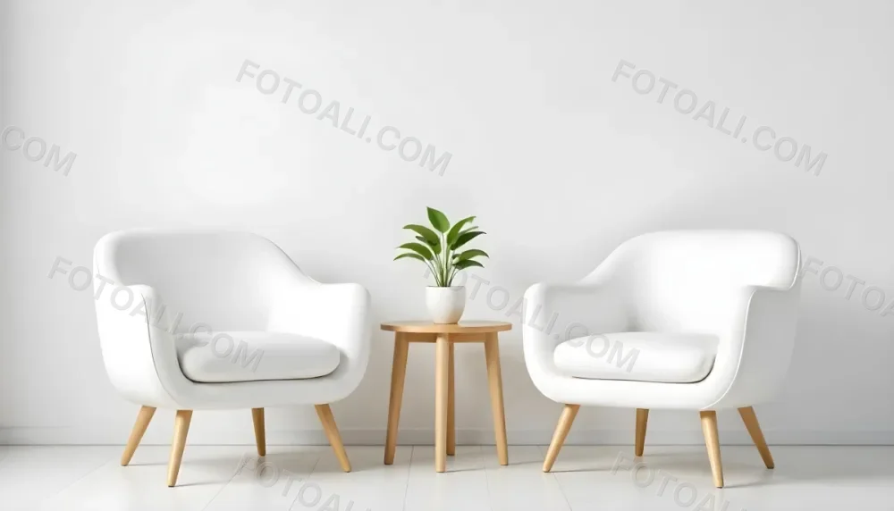 A Potted Green Plant On A Wooden Side Table Between Two White Chairs In A Minimalist Interior Setting 9 E641