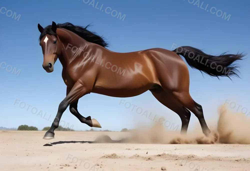 A Powerful Brown Horse With A Shiny Coat Is Rearing Up On Its Hind Legs Kicking Up Dust The Horse Has A Flowing Black Mane And Tail With A Strong Muscular Build The Background Features A Clear Blue Sky Enhancing Th 3 Ffa2