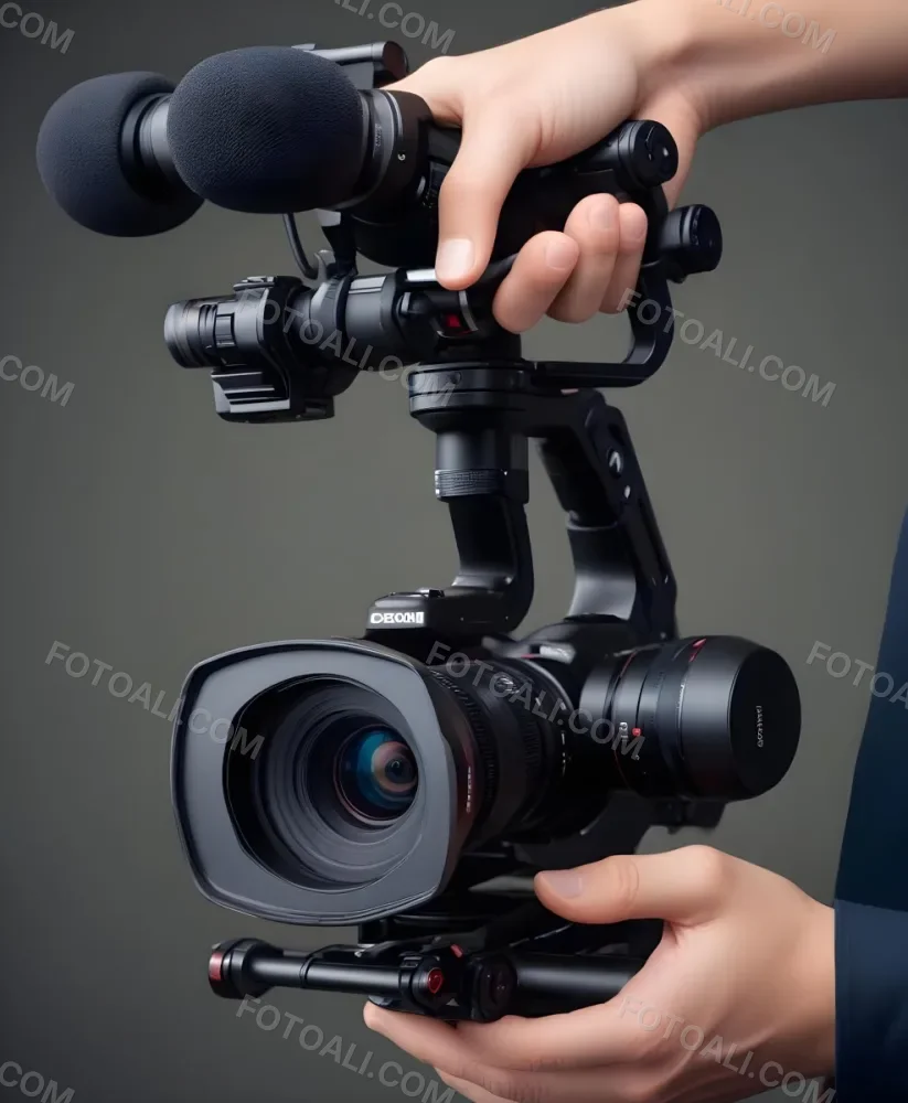 A Professional Camera With A Gimbal Stabilizer Being Held By A Person S Hand 1 Ed93