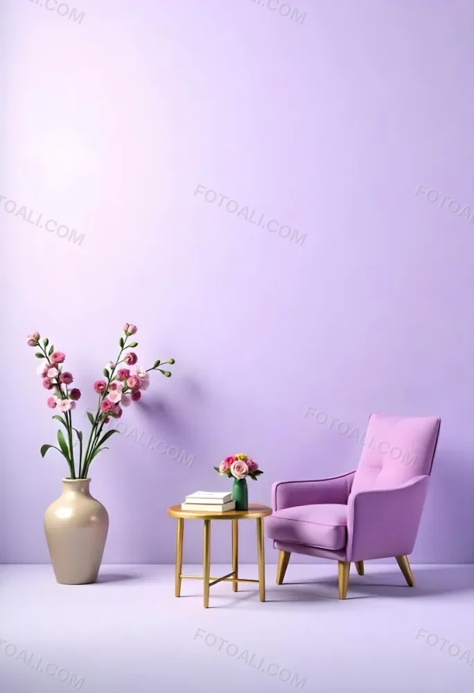 A Purple Armchair Next To A Golden Table With Flowers And Books A Vase With Flowers On The Floor Purple Background 1 Df07