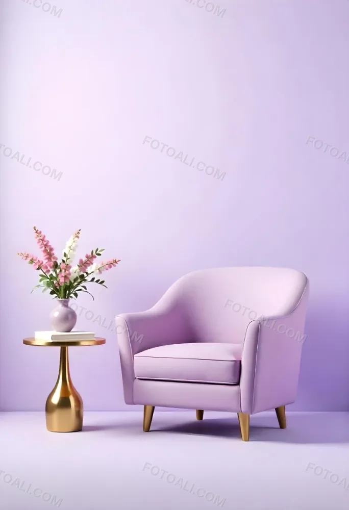 A Purple Armchair Next To A Golden Table With Flowers And Books A Vase With Flowers On The Floor Purple Background 17 77c2