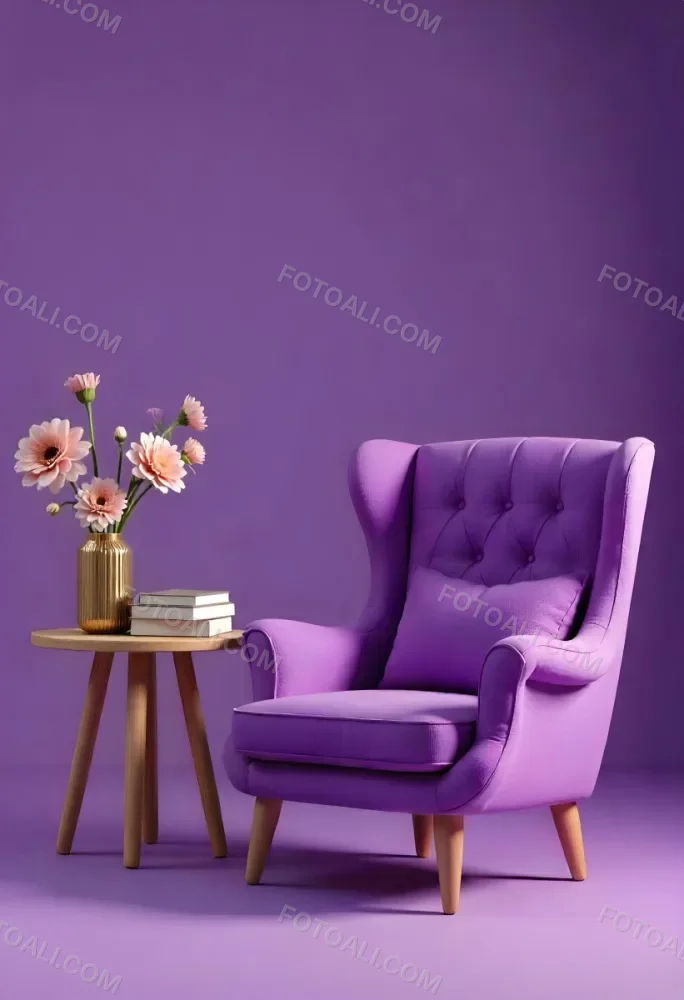 A Purple Armchair Next To A Golden Table With Flowers And Books A Vase With Flowers On The Floor Purple Background 29 1f3b