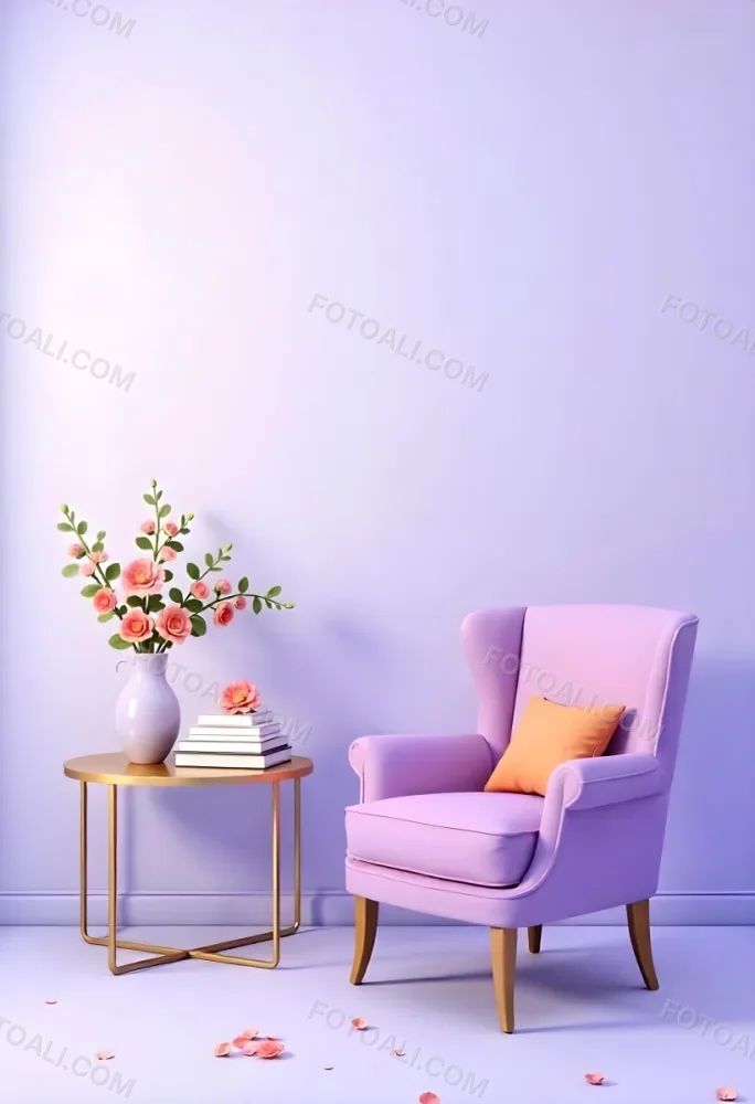 A Purple Armchair Next To A Golden Table With Flowers And Books A Vase With Flowers On The Floor Purple Background 32 5dee
