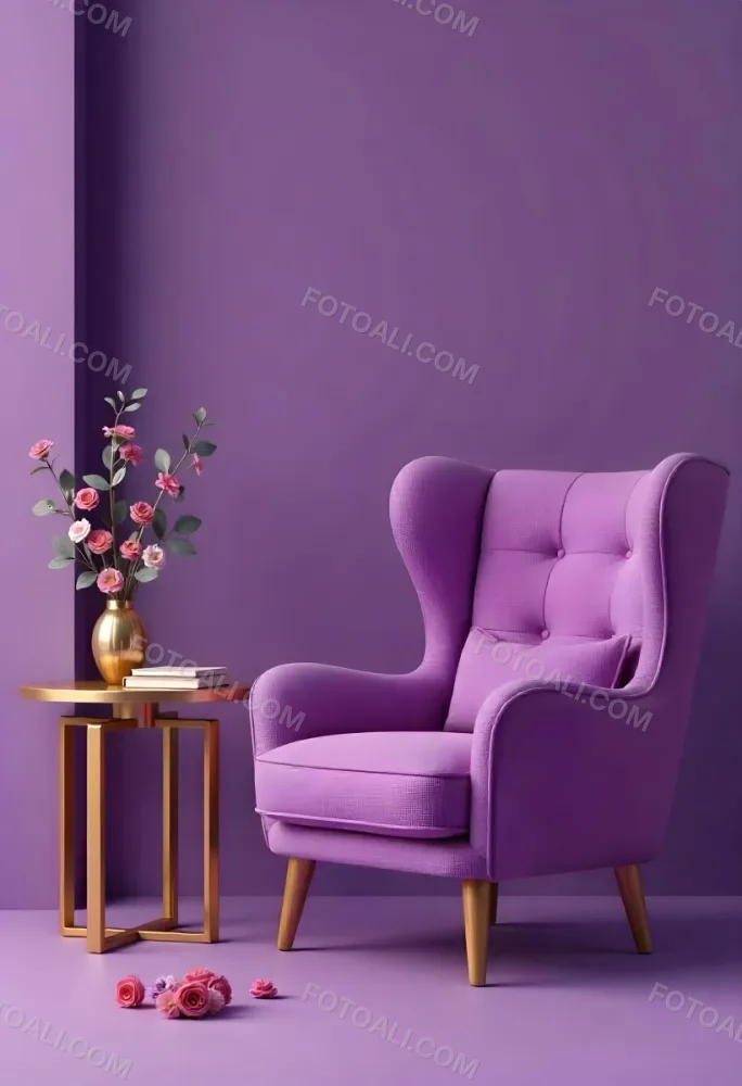 A Purple Armchair Next To A Golden Table With Flowers And Books A Vase With Flowers On The Floor Purple Background 34 5808
