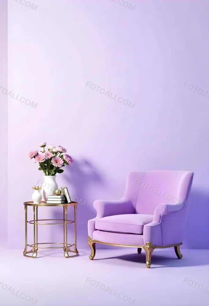 A Purple Armchair Next To A Golden Table With Flowers And Books A Vase With Flowers On The Floor Purple Background 35 2826