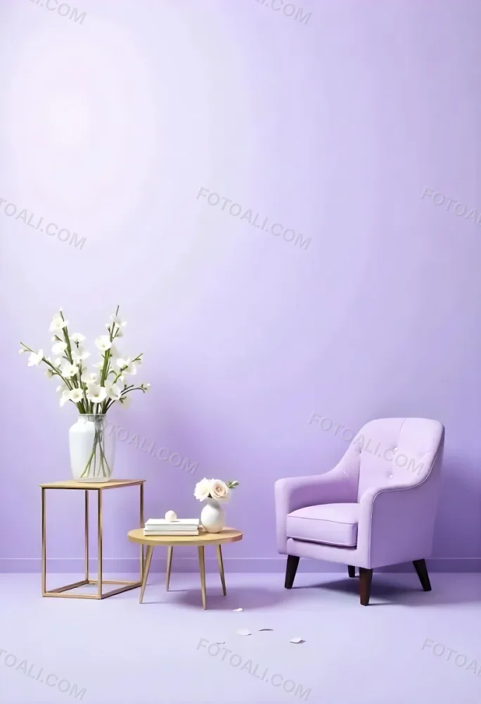 A Purple Armchair Next To A Golden Table With Flowers And Books A Vase With Flowers On The Floor Purple Background 37 3b6d