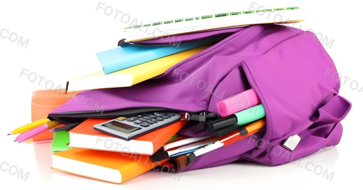 A Purple Backpack Filled With School Supplies Including Notebooks Pens Pencils And A Calculator Surrounded By A Classroom During Daytime With Colorful Stickers On The Backpack 1 8f1c