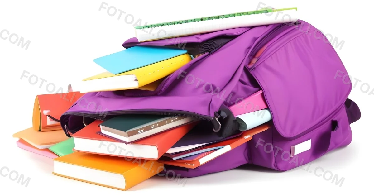 A Purple Backpack Filled With School Supplies Including Notebooks Pens Pencils And A Calculator Surrounded By A Classroom During Daytime With Colorful Stickers On The Backpack 3 E3cb