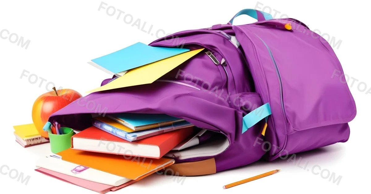 A Purple Backpack Filled With School Supplies Including Notebooks Pens Pencils And A Calculator Surrounded By A Classroom During Daytime With Colorful Stickers On The Backpack 4 562f