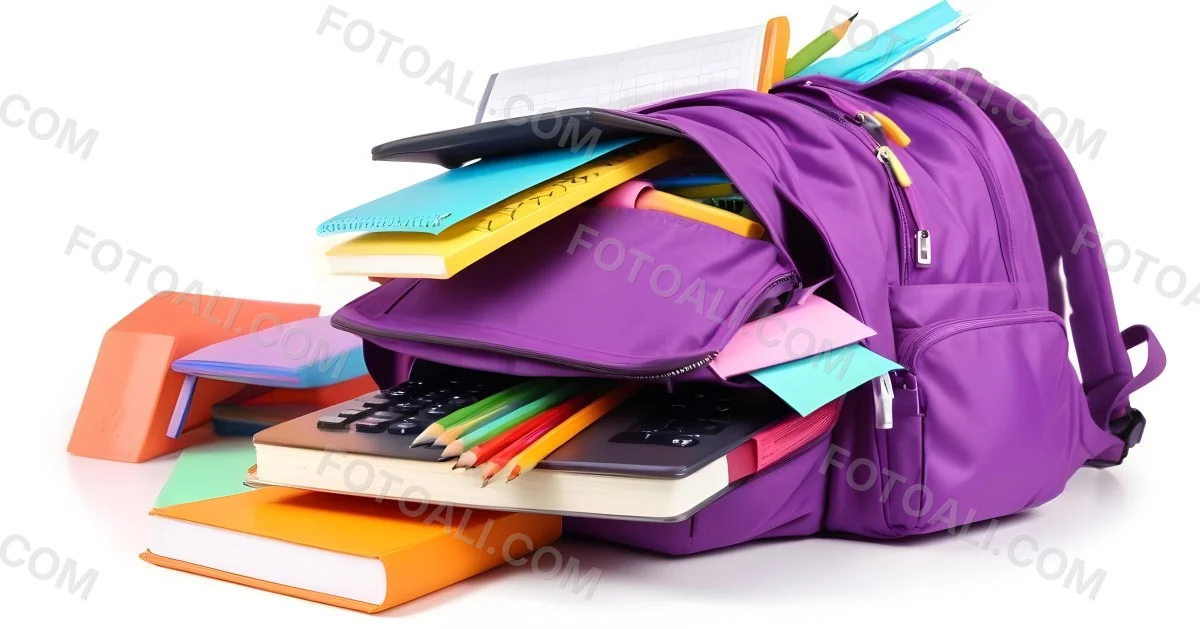 A Purple Backpack Filled With School Supplies Including Notebooks Pens Pencils And A Calculator Surrounded By A Classroom During Daytime With Colorful Stickers On The Backpack 5 7e1f