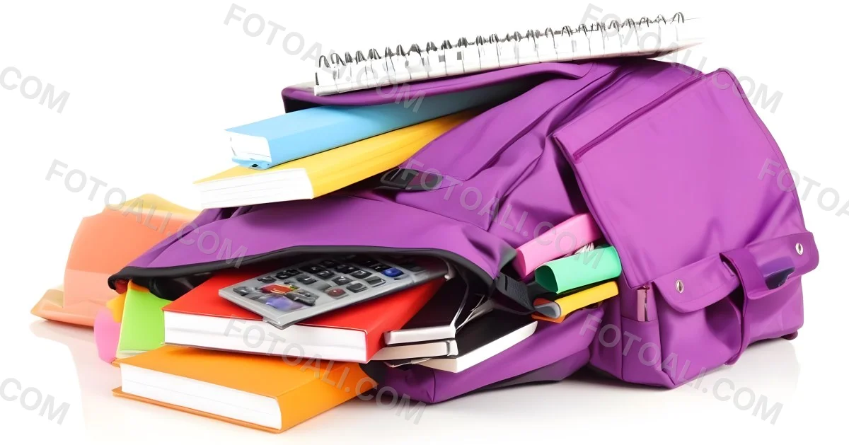 A Purple Backpack Filled With School Supplies Including Notebooks Pens Pencils And A Calculator Surrounded By A Classroom During Daytime With Colorful Stickers On The Backpack 7 B42a