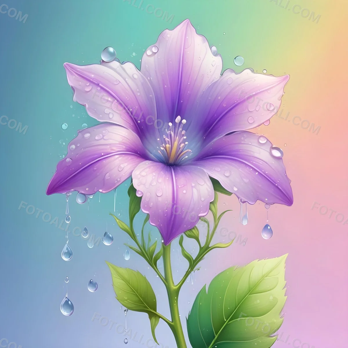 A Purple Flower With Water Drops On A Purple Stem And Leaves Pastel Rainbow Background Soft Lighting High Detail Elegant Vibrant Colors Dreamy Botanical Illustration 12 12a9
