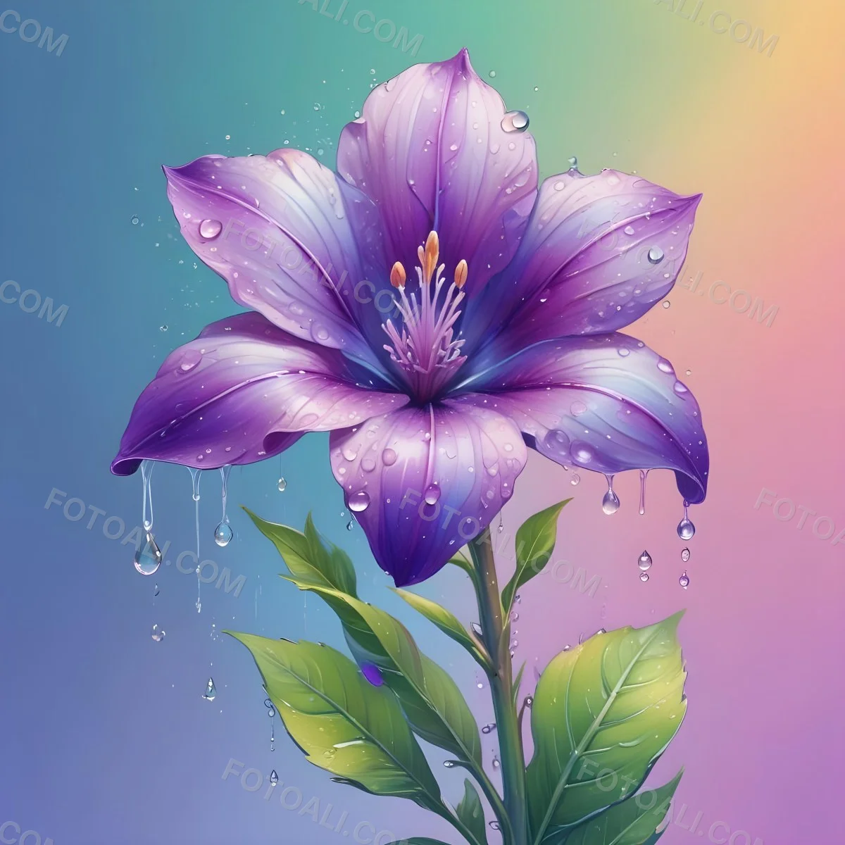 A Purple Flower With Water Drops On A Purple Stem And Leaves Pastel Rainbow Background Soft Lighting High Detail Elegant Vibrant Colors Dreamy Botanical Illustration 21 D1f1