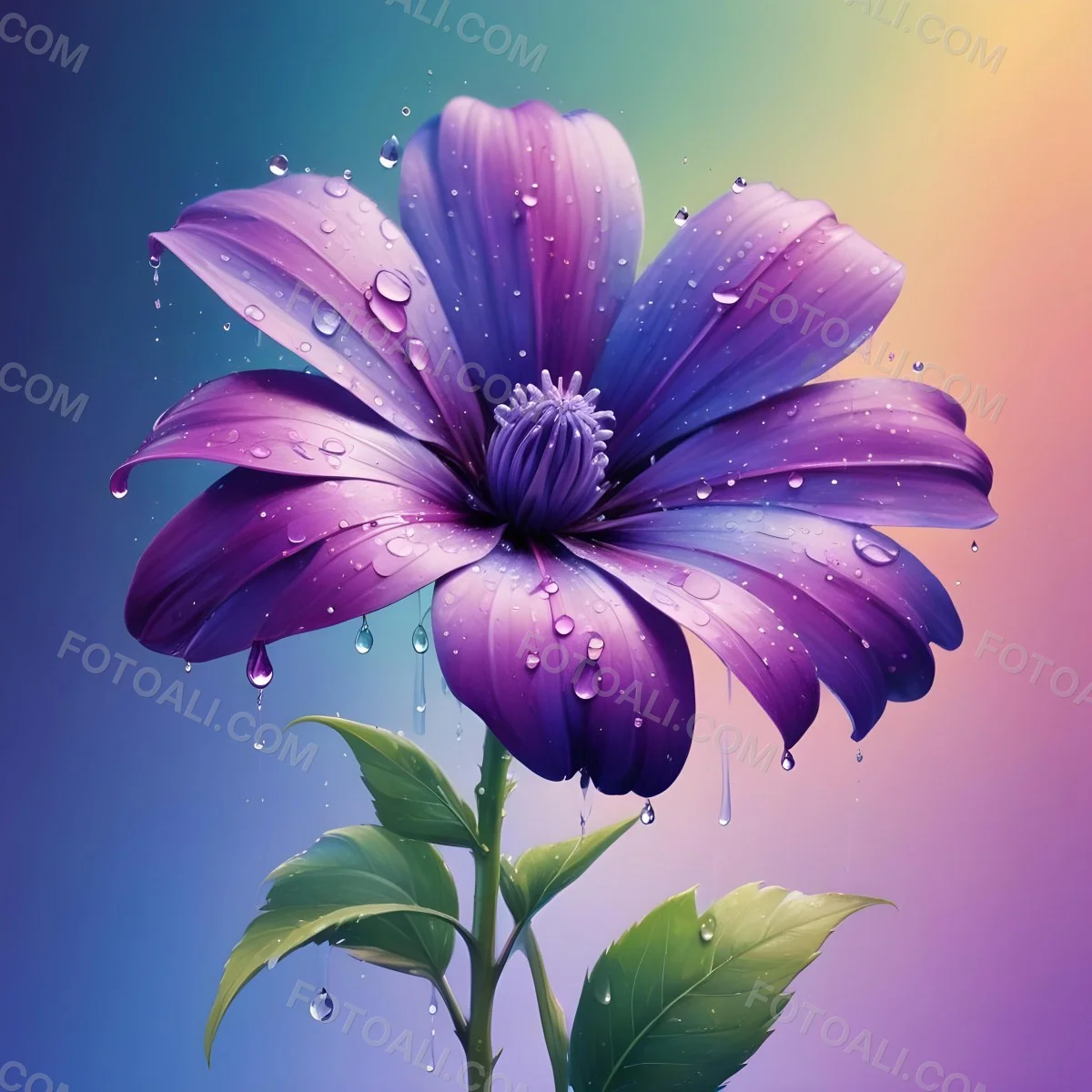 A Purple Flower With Water Drops On A Purple Stem And Leaves Pastel Rainbow Background Soft Lighting High Detail Elegant Vibrant Colors Dreamy Botanical Illustration 25 C682