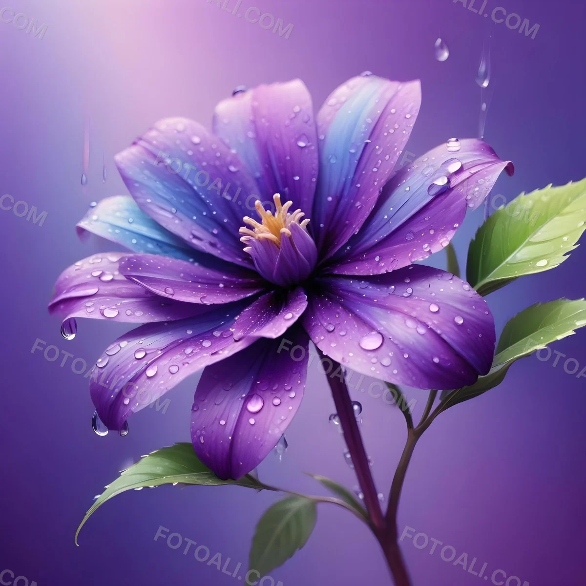 A Purple Flower With Water Drops On A Purple Stem And Leaves Pastel Rainbow Background Soft Lighting High Detail Elegant Vibrant Colors Dreamy Botanical Illustration 30 5e0f