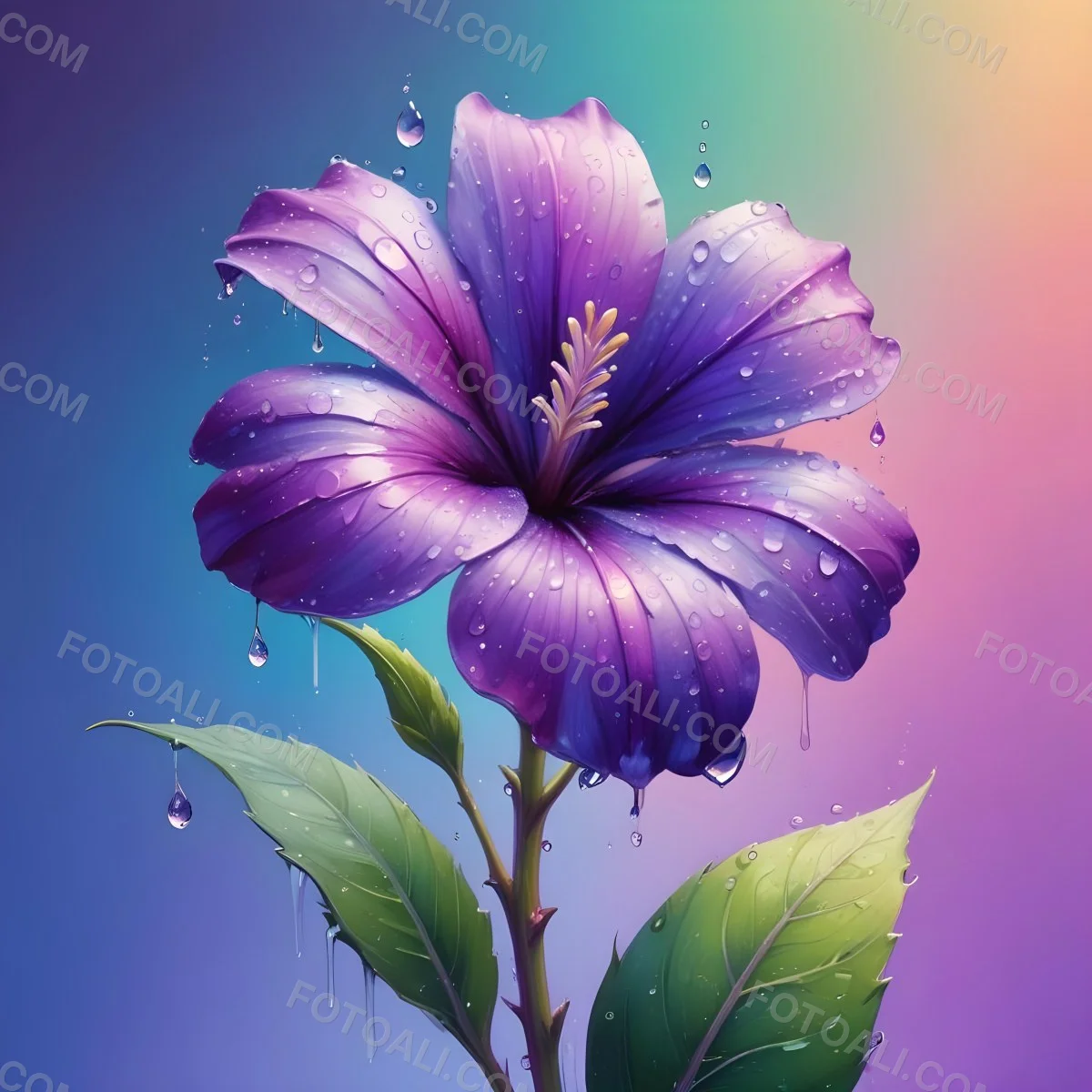 A Purple Flower With Water Drops On A Purple Stem And Leaves Pastel Rainbow Background Soft Lighting High Detail Elegant Vibrant Colors Dreamy Botanical Illustration 31 9a5a