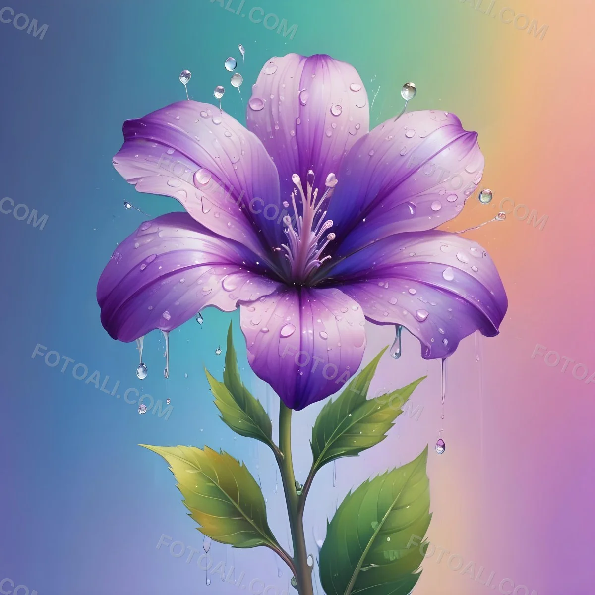 A Purple Flower With Water Drops On A Purple Stem And Leaves Pastel Rainbow Background Soft Lighting High Detail Elegant Vibrant Colors Dreamy Botanical Illustration 34 463c
