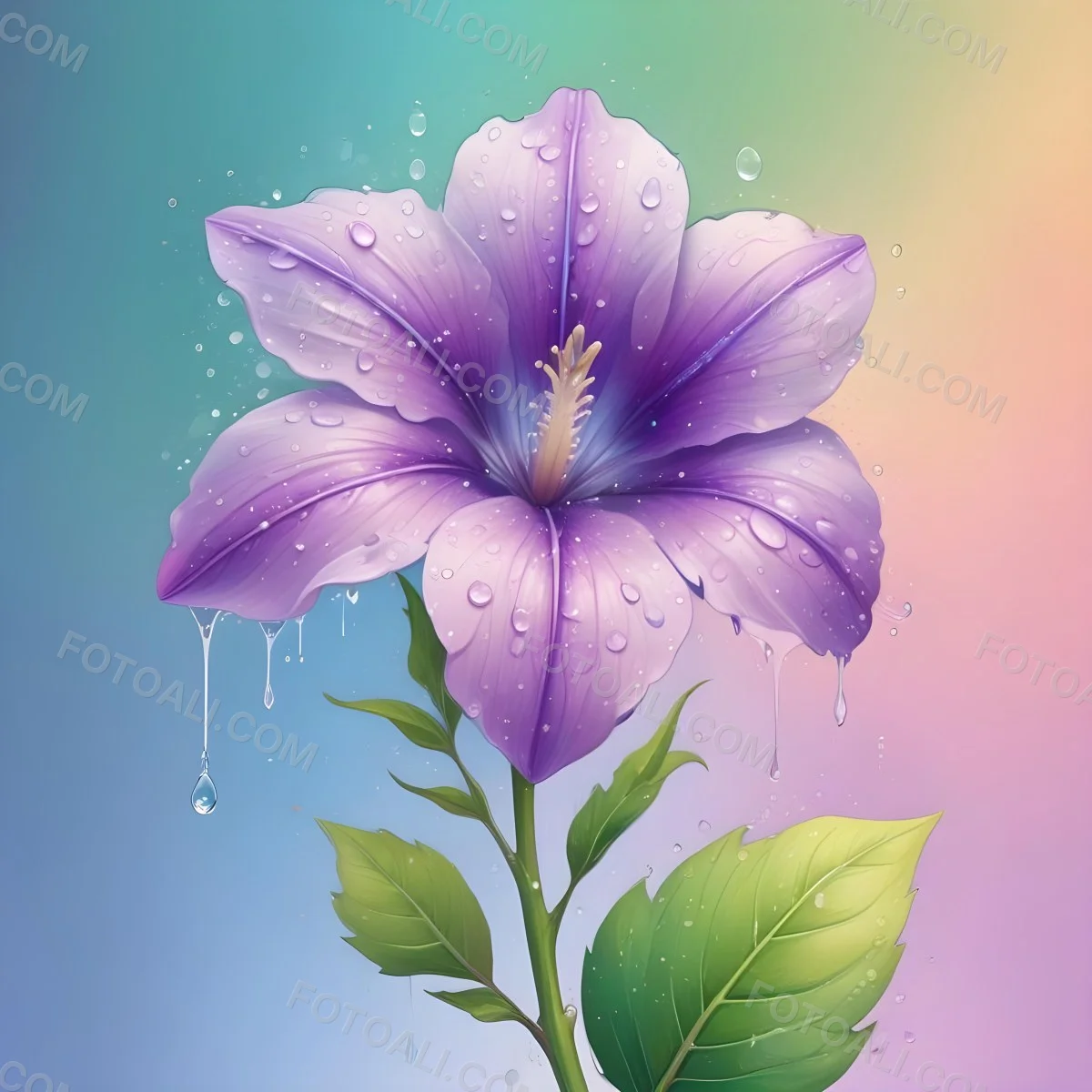 A Purple Flower With Water Drops On A Purple Stem And Leaves Pastel Rainbow Background Soft Lighting High Detail Elegant Vibrant Colors Dreamy Botanical Illustration 4 3c67