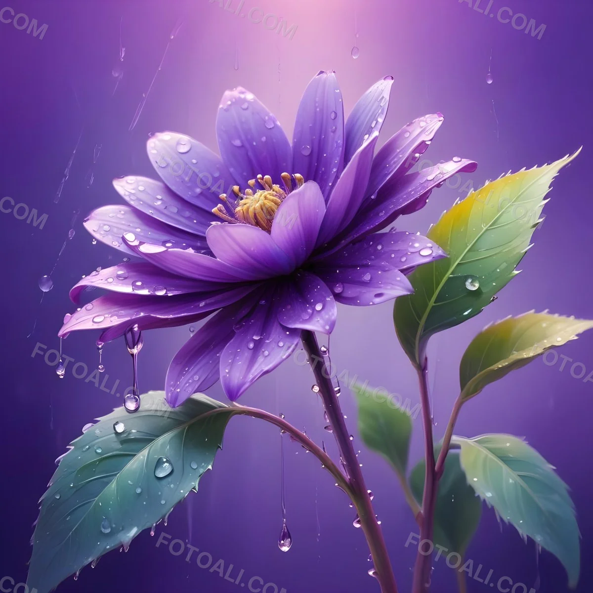 A Purple Flower With Water Drops On A Purple Stem And Leaves Pastel Rainbow Background Soft Lighting High Detail Elegant Vibrant Colors Dreamy Botanical Illustration 40 5ed6